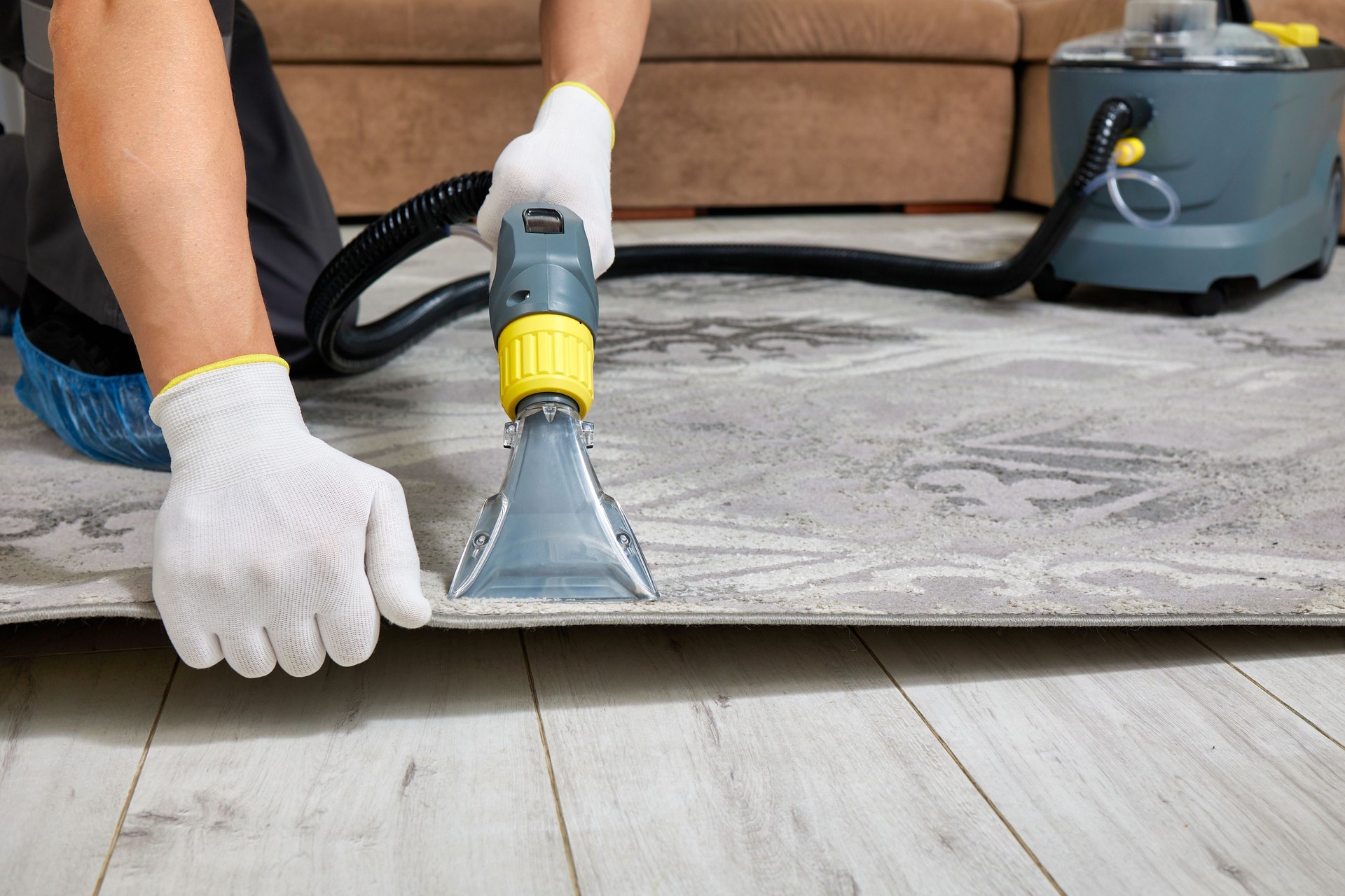 Professional cleaning service using vacuum cleaner on carpet in spacious living room